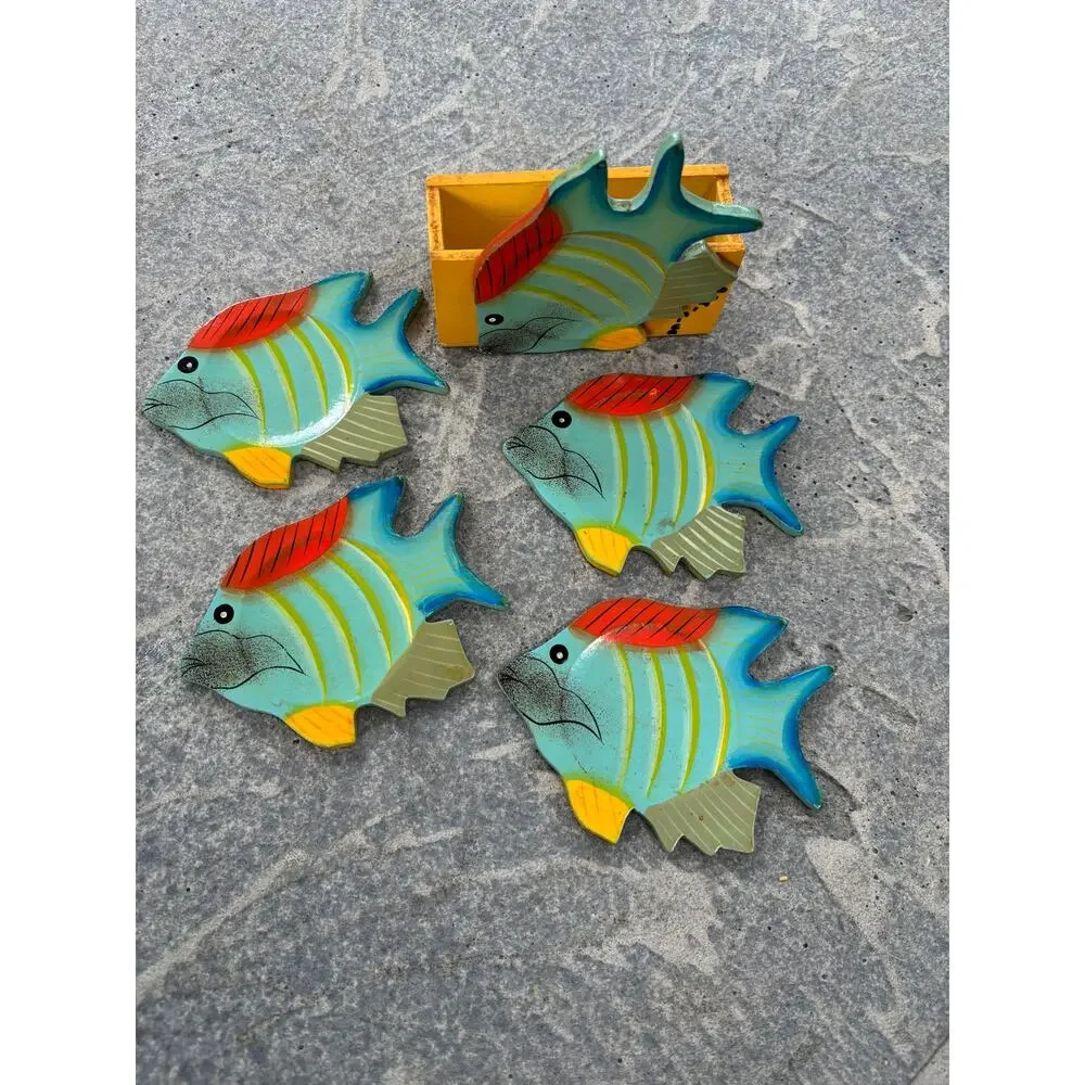 Set of 4 Hand Painted Fish Coasters Island Coastal Fisherman Beach House Decor